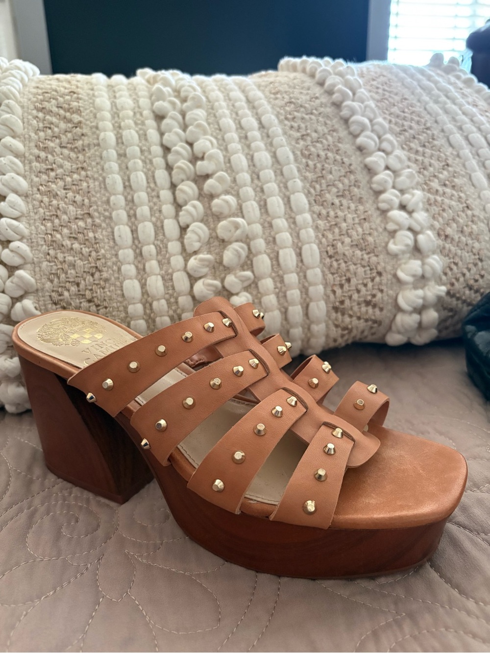 Vince Camuto Tan Studded Platform Wedge Sandals Heels